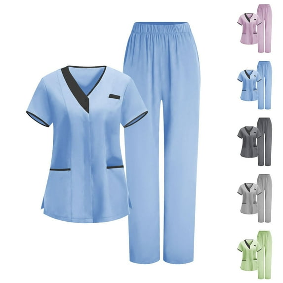 Womens Scrub Sets with Pockets Short Sleeve V-Neck Nurses Sets for Women Tunic Uniform Clinic Carer Protective Clothing Blouse Pants Sets