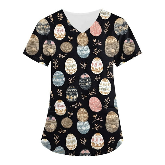 Womens Scrub Top,Easter Scrub Tops Women Bunny Egg Hunt Print Scrubs Short Sleeve Holiday Working Uniform with Pockets,Black,S