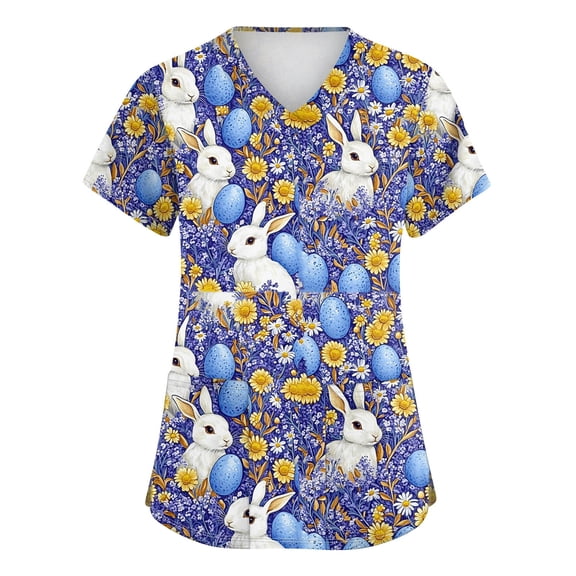 Womens Scrub Top,Easter Scrub Tops Women Plus Size Bunny Egg Hunt Print Short Sleeve V Neck Stretchy Holiday Nurse Working Uniform,Royal Blue,L