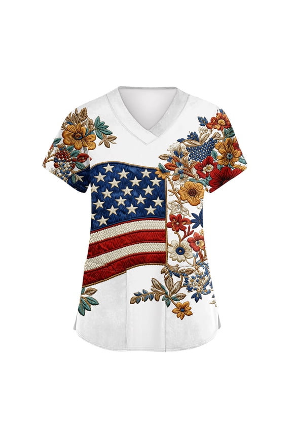 Womens Scrub Top Patriotic Graphic Tees Casual Summer Medical Uniforms Plus Size V Neck T Shirts Short Sleeve Scrub Top Patriotic Shirt 4th Of July Tee Tops