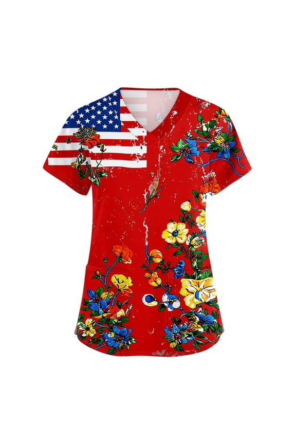 Womens Scrub Top Patriotic Graphic Tees Casual Summer Medical Uniforms Plus Size V Neck T Shirts Short Sleeve Scrub Top Patriotic Shirt 4th Of July Tee Tops