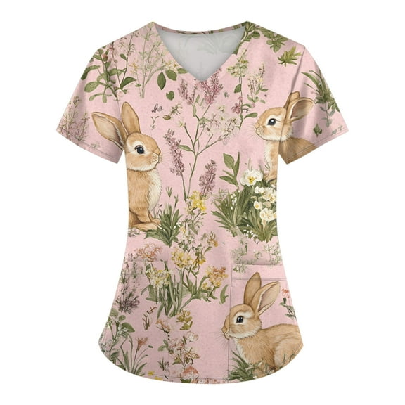 Womens Scrub Top,Scrub Tops Womens Cute Easter Printed Nurse Uniforms 2026 Short Sleeve Scrub V Neck Shirt with Pockets,Light pink,XXXXL