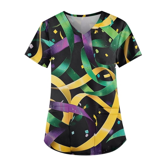 Womens Scrub Top Short Sleeve V Neck Nurse Working Uniforms Soft and Comfortable Mardi Gras Carnival T-Shirts