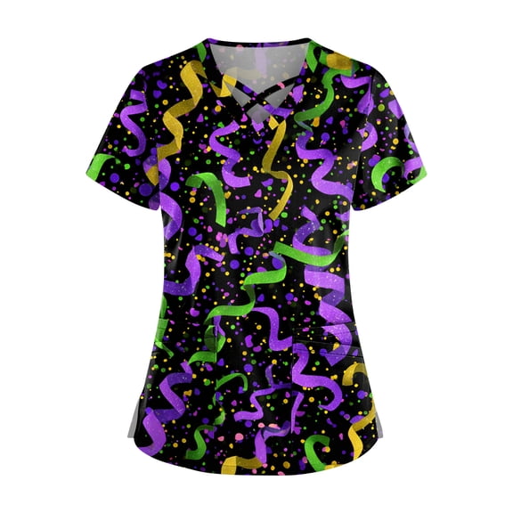 Womens Scrub Top Short Sleeve V Neck Nursing Working Uniform Soft and Comfortable Mardi Gras Scrub Shirts