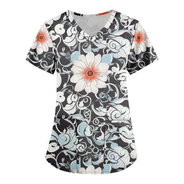 Womens Scrub Top Summers Office Slacking Scrubs for Women Crop Short Sleeve V Neck
