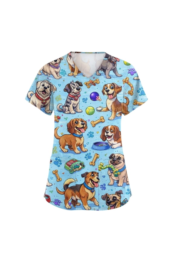 Womens Scrub Tops Animal Pattern Casual Summer Nurse Uniform V Neck Short Sleeve Soft Work Shirts with Pocket