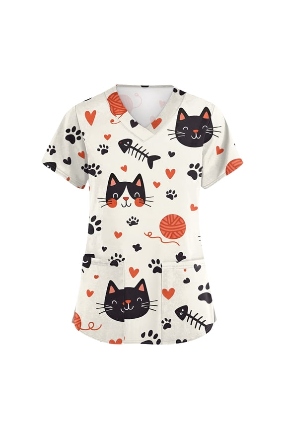 Womens Scrub Tops Animal Pattern Casual Summer Nurse Uniform V Neck Short Sleeve Soft Work Shirts with Pocket