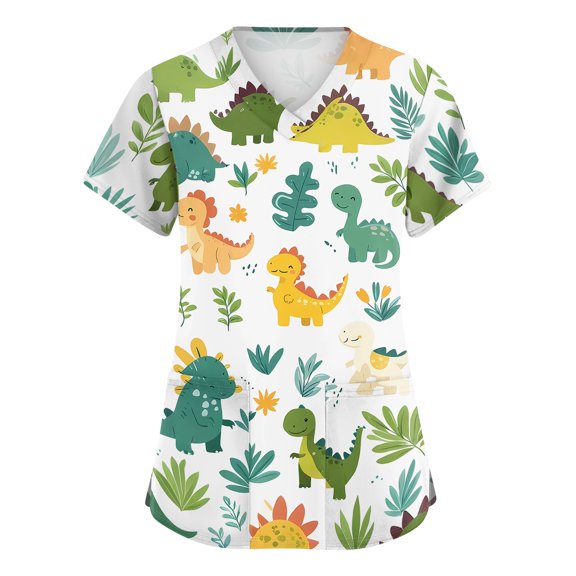 Womens Scrub Tops Animal Print Scrub Tops V Neck Short Sleeve Shirts Stretch Nurse Uniform Medical Scrubs with Pockets