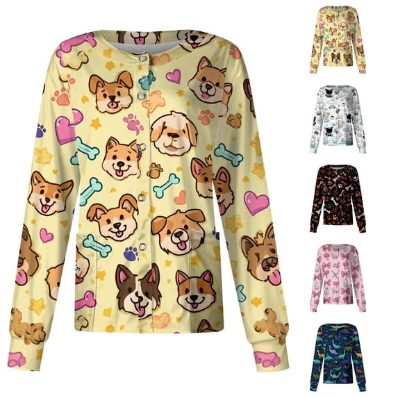 Womens Scrub Tops Cartoon Crew Neck Long Sleeve Medical Scrubs Breathable Nurse Medical Uniform with Pockets, XL