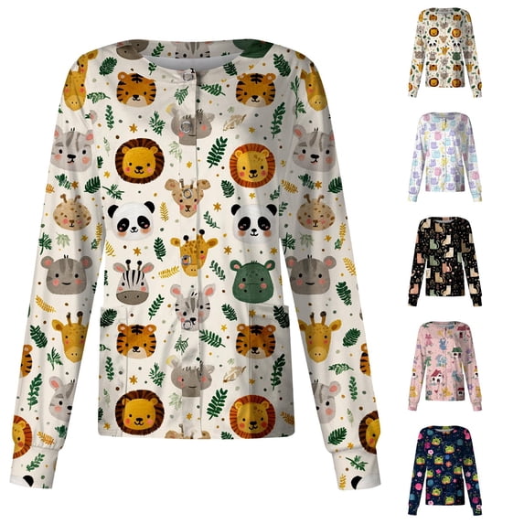 Womens Scrub Tops Cartoon Long Sleeve Crew Neck Medical Scrubs Healthcare Moisture Wicking Medical Uniform with Pockets, L