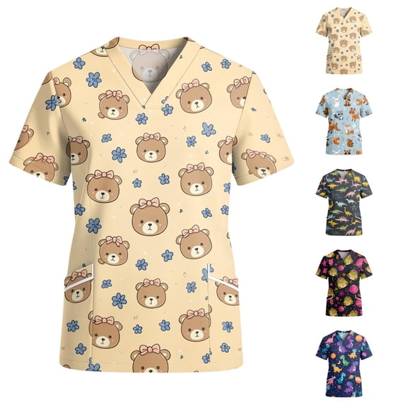 Womens Scrub Tops Cartoon V Neck Short Sleeve Medical Scrubs Easy Care Moisture Wicking Medical Uniform with Pockets, S