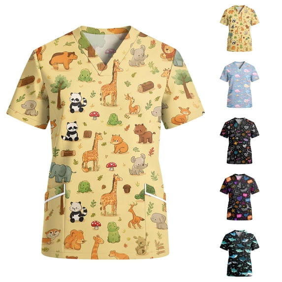 Womens Scrub Tops Cartoon V Neck Short Sleeve Medical Uniform Comfort Moisture Wicking Medical Scrubs with Pockets, S