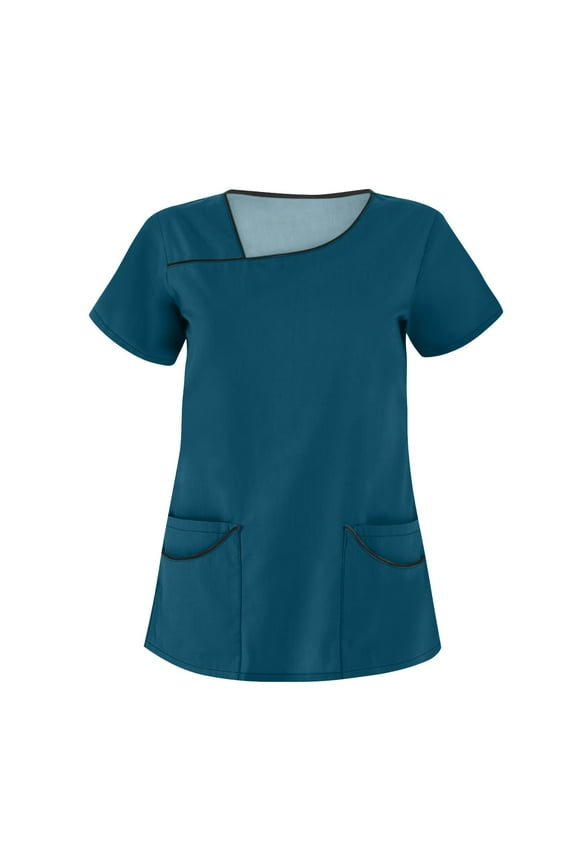 Scrub Tops Casual Womens Scrubs Fashion Short Sleeve Slant Neck Solid color Loose Fit with Pockets Pullover Shirts Tops 2024 with Pockets Scrub Tops Women(Royal Blue,3XL)