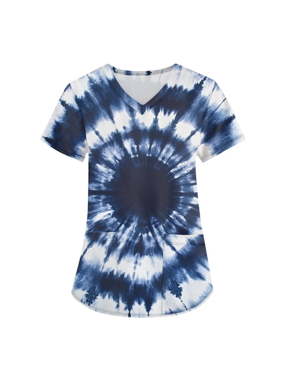 Womens Scrub Tops Combine Tie Dye Print V Neck Short Sleeves And Pocket Detail For Caregiver Workwear Summer Style Weekend Wear