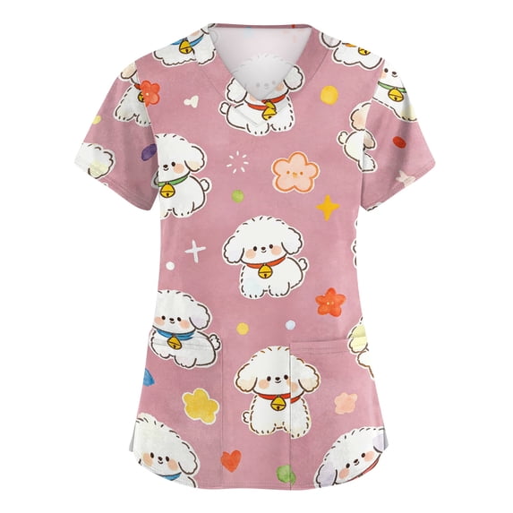 Womens Scrub Tops Comfort Tops V Neck Short Sleeve Cartoon Printed Nurse Uniforms