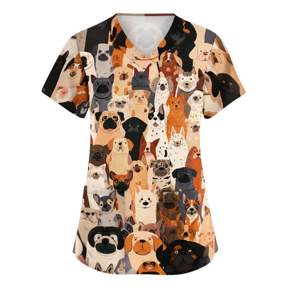 Womens Scrub Tops Cute Animals Print V Neck Short Sleeve Shirts Stretch Nurse Uniform Medical Scrubs with Pockets
