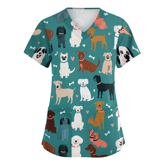 Womens Scrub Tops Cute Animals Print V Neck Short Sleeve Shirts Stretch Nurse Uniform Medical Scrubs with Pockets