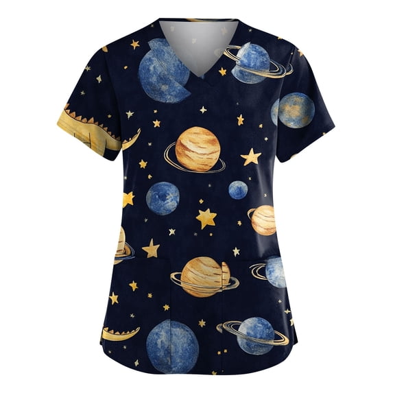 Womens Scrub Tops Cute Cartoon Animal Print Nurse Vet Pediatric Shirt Comfort Plus Size Summer Outfits Blue 2XL