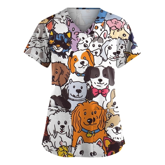 Womens Scrub Tops Cute Cartoon Animal Print Nurse Vet Pediatric Shirt Comfort Plus Size Summer Outfits Orange S