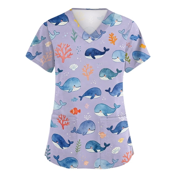 Womens Scrub Tops Cute Cartoon Animals Print Fashion Style V Neck Short Sleeve Medical Worker Uniform Tops