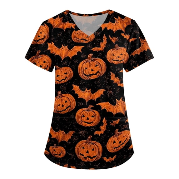 Womens Scrub Tops Cute Pumpkin Print V Neck Short Sleeve Shirts Stretch Nurse Uniform Medical Scrubs with Pockets Earthy Yellow 3XL
