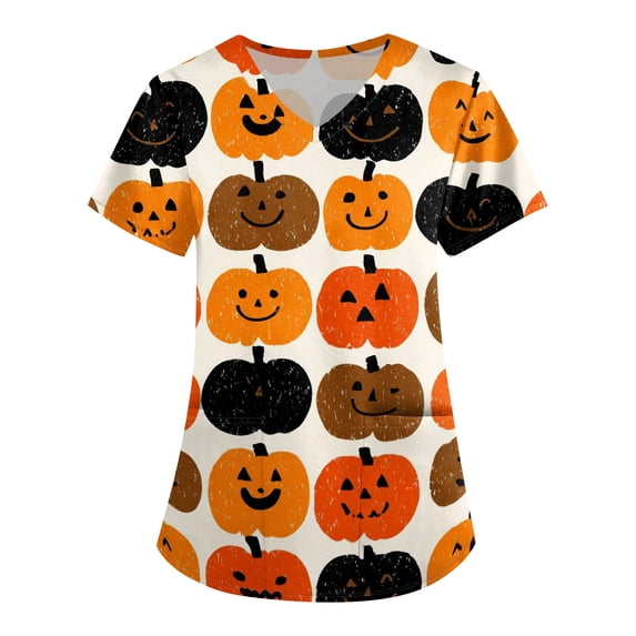 Womens Scrub Tops Cute Pumpkin Print V Neck Short Sleeve Shirts Stretch Nurse Uniform Medical Scrubs with Pockets Ginger S