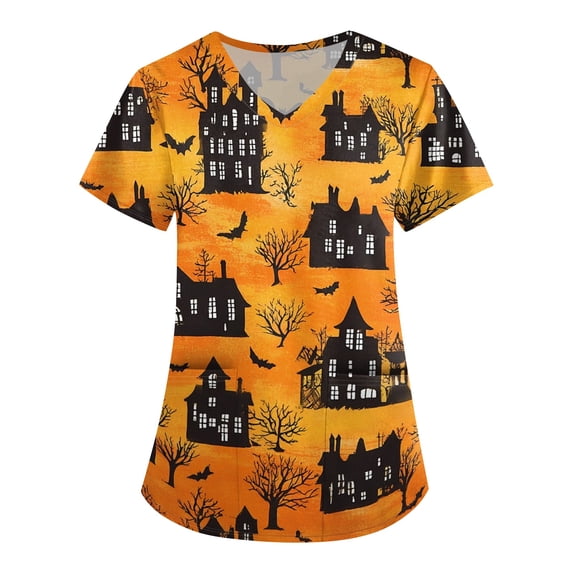 Womens Scrub Tops Cute Pumpkin Print V Neck Short Sleeve Shirts Stretch Nurse Uniform Medical Scrubs with Pockets Orange 4XL