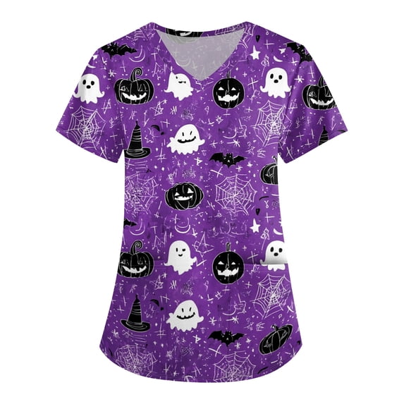 Womens Scrub Tops Cute Pumpkin Print V Neck Short Sleeve Shirts Stretch Nurse Uniform Medical Scrubs with Pockets Purple L