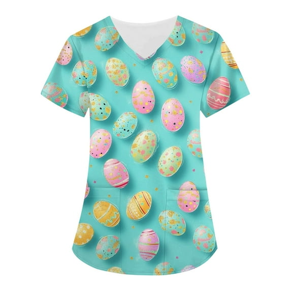 Womens Scrub Tops,Easter Scrub Tops Women Bunny Egg Hunt Print Scrubs Short Sleeve Holiday Working Uniform with Pockets,Blue,XXXXXL