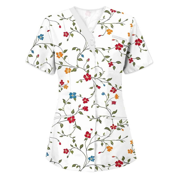 Womens Scrub Tops Fashion Printed Work Uniform S Fashion Printed Work Uniform T-Shirt V Neck Short Sleeve Tops B-Multicolor