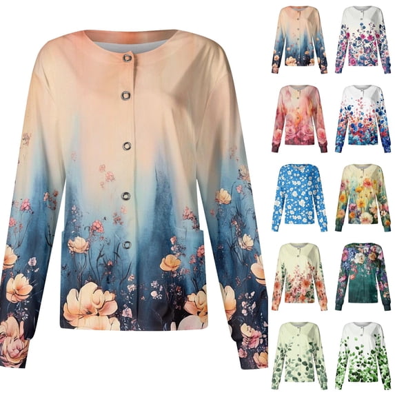 Womens Scrub Tops Floral Crew Neck Long Sleeve Medical Uniform Hawaiian Nurse Healthcare Medical Scrubs, 3XL