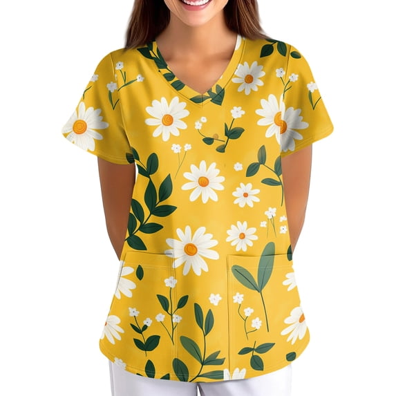 Womens Scrub Tops Floral Print Tops Fashion V Neck Short Sleeve Medical Tops