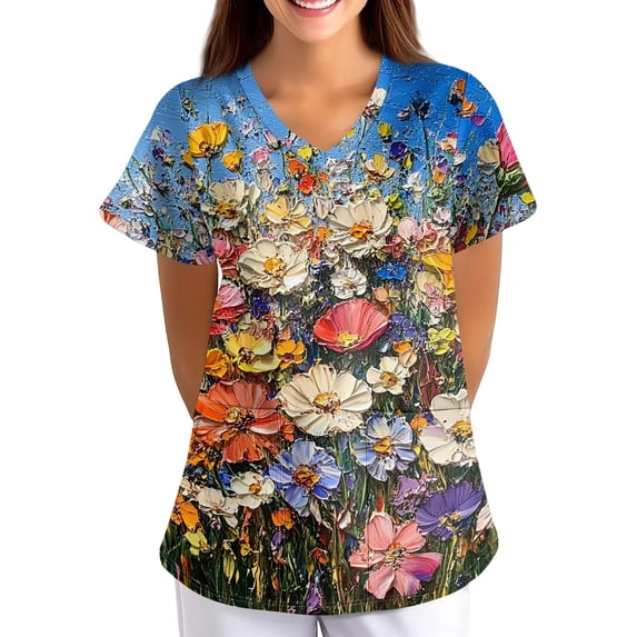Womens Scrub Tops Floral Printed Pattern Matching Tops V Neck Short Sleeve Scrub Shirts