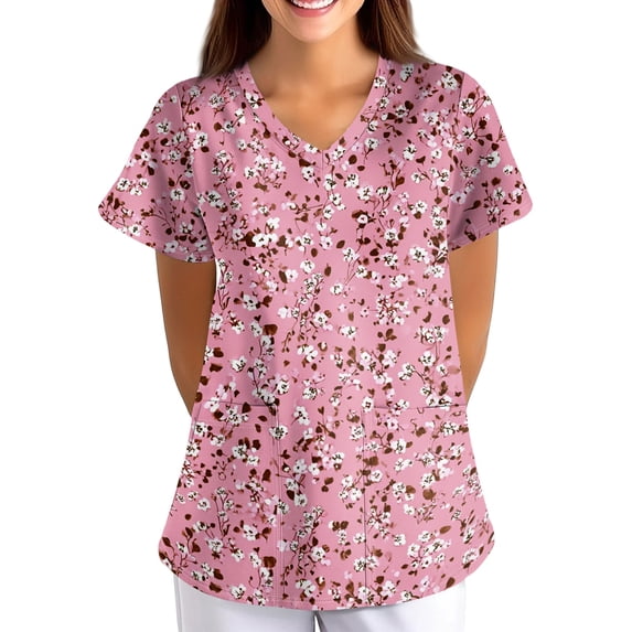 Womens Scrub Tops Floral Printed V Neck Short Sleeve Work Shirts