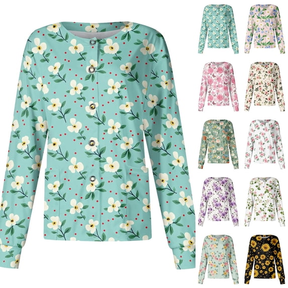 Womens Scrub Tops Floral Round Neck Long Sleeve Medical Scrubs Hawaiian Nurse Breathable Medical Uniform, S