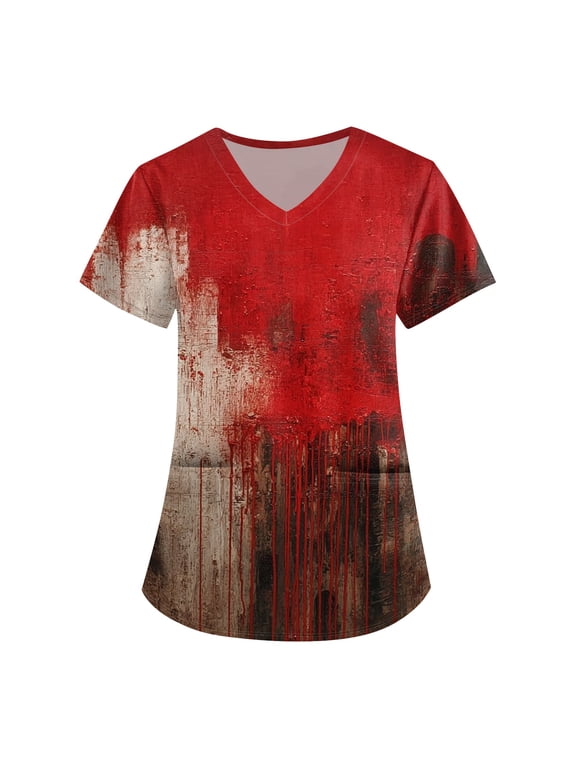 Womens Scrub Tops Halloween Funny Short Sleeve Spooky Halloween Printed Scrubs Horror V Neck Scrub Shirts Nursing Workwear Medical Nurse Uniform with Pockets, S