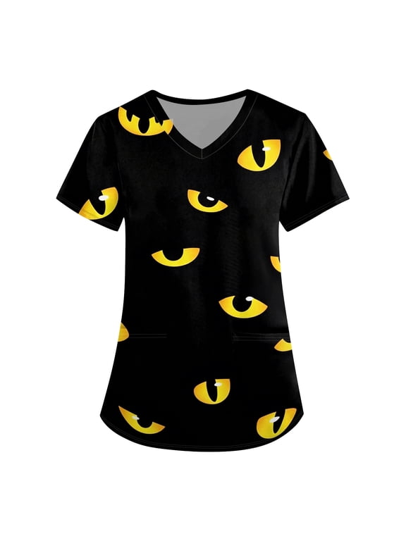 Womens Scrub Tops Halloween Funny V Neck Horror Halloween Printed Scrub Shirts Spooky Short Sleeve Scrubs Nursing Workwear Medical Nurse Uniform with Pockets, 3XL