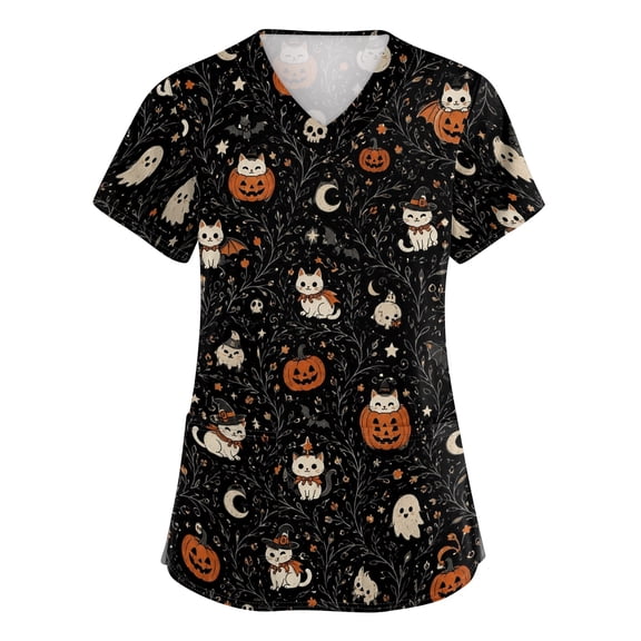 Womens Scrub Tops Halloween Funny V Neck Horror Pumpkin Printed Scrub Shirts Spooky Short Sleeve Scrubs Medical Nurse Uniform Nursing Workwear with Pockets, L