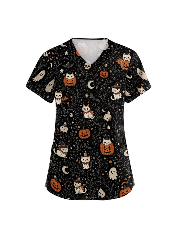 Womens Scrub Tops Halloween Funny V Neck Horror Pumpkin Printed Scrub Shirts Spooky Short Sleeve Scrubs Medical Nurse Uniform Nursing Workwear with Pockets, L