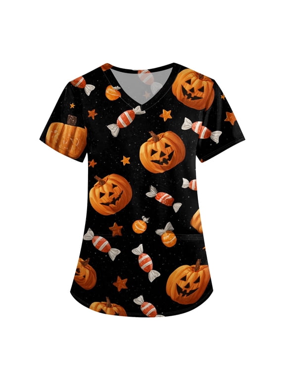 Womens Scrub Tops Halloween Funny V Neck Horror Pumpkin Printed Scrubs Spooky Short Sleeve Scrub Shirts Medical Nurse Workwear Nursing Uniform with Pockets, 2XL