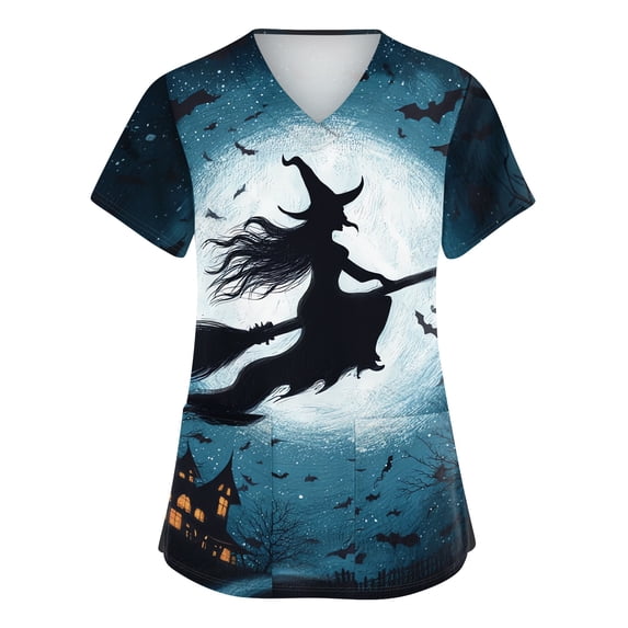 Womens Scrub Tops Halloween Funny V Neck Horror Witch Printed Scrubs Spooky Short Sleeve Scrub Shirts Medical Nurse Uniform Nursing Workwear with Pockets, 2XL