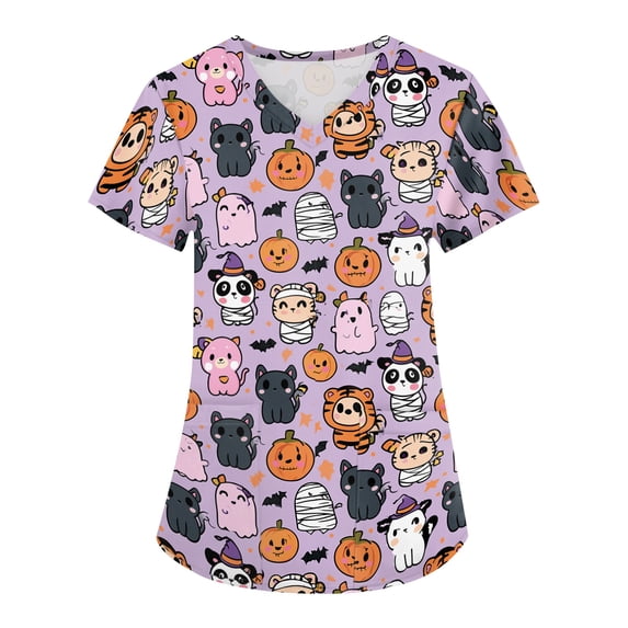 Womens Scrub Tops Halloween V Neck Funny Halloween Ghost Pumpkin Printed Spooky Scrub Shirts Horror Short Sleeve Scrubs Nursing Uniform Medical Nurse Workwear with Pockets,3XL