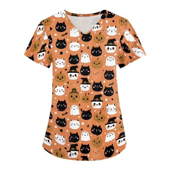 Womens Scrub Tops Halloween V Neck Spooky Halloween Ghost Pumpkin Printed Horror Scrub Shirts Funny Short Sleeve Scrubs Nursing Uniform Medical Nurse Workwear with Pockets,M