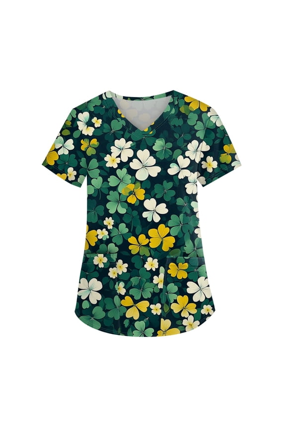 Womens Scrub Tops Irish Shamrock Printed V Neck Breathable Workwear Shirt Short Sleeve Professionals Soft Stretch St. Patrick's Day T-Shirts with Pockets green Medium