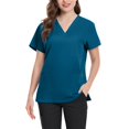 thumbnail image 1 of Womens Scrub Tops, Lightweight Top Shirt V-Neck Multi Pocket Side Slit Short Sleeve Work Casual Polyester Solid Color Turquoise S, 1 of 4