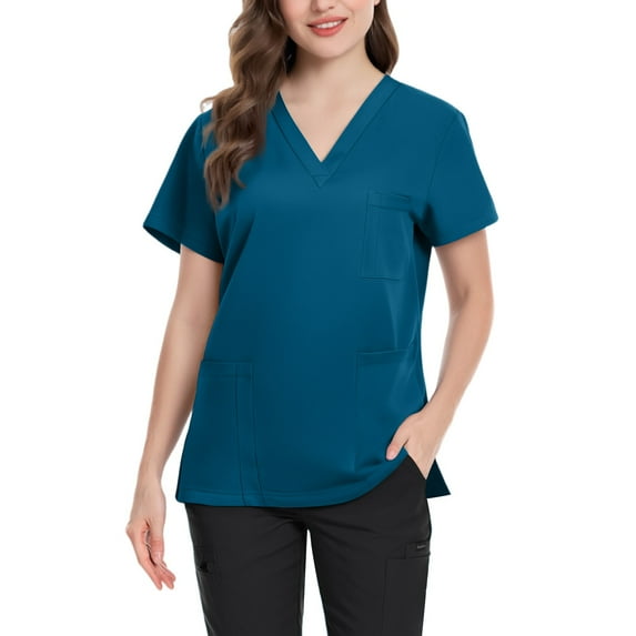 Womens Scrub Tops, Lightweight Top Shirt V-Neck Multi Pocket Side Slit Short Sleeve Work Casual Polyester Solid Color Turquoise S