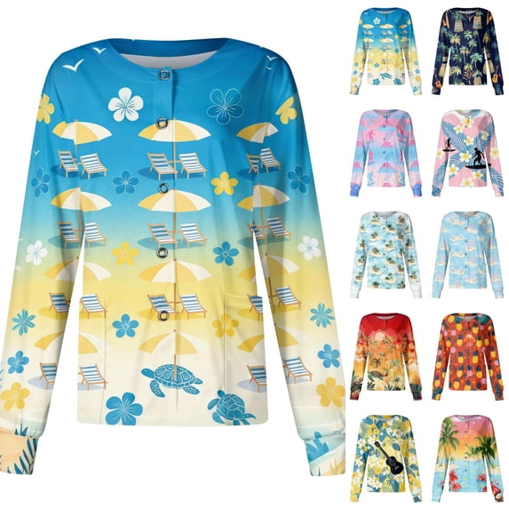 Womens Scrub Tops Long Sleeve Crew Neck Floral Medical Scrubs Hawaiian Easy Care Healthcare Medical Uniform, 2XL