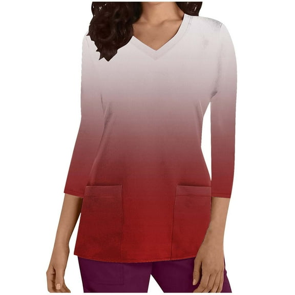Womens Scrub Tops, Long Sleeve Shirts for Women Fall Plus Size Fashion Loose Fit Ombre Tie Dye V Neck Workout Uniforms with Pockets