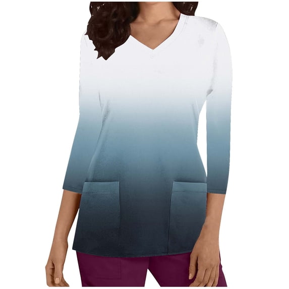 Womens Scrub Tops, Long Sleeve Shirts for Women Fall Plus Size Fashion Loose Fit Ombre Tie Dye V Neck Workout Uniforms with Pockets