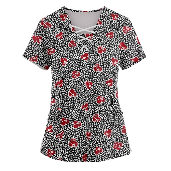 Womens Scrub Tops Love Heart Printed V-Neck Breathable Scrub Tops Short Sleeve Professionals Soft Stretch Valentine's Day Workwear Shirt with Pockets gray X-Large